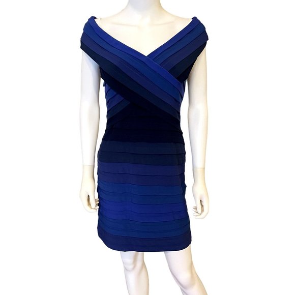 Tadashi Shoji Blue Ombre Wide Neck Pleated Bodycon Stretch Cocktail Dress Size M - Picture 1 of 7